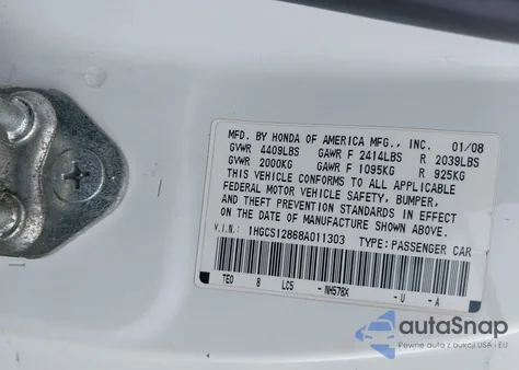 2008 Honda Accord 2.4 Ex-L z USA, uszkodzony, nr VIN 1HGCS12868A011303
